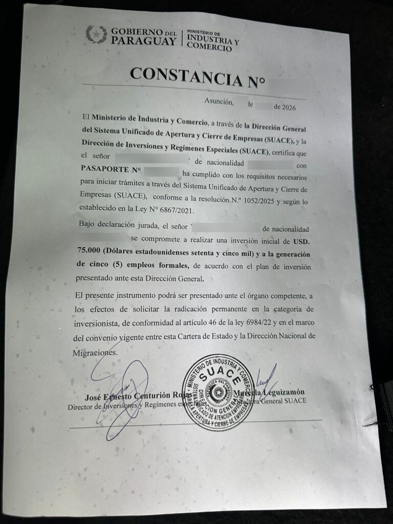 Скан квитанции об оформлении бизнес-плана SUACE (Constancia)